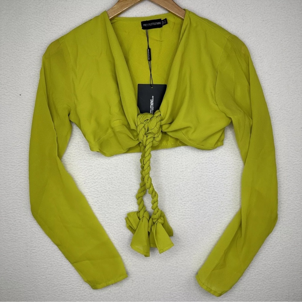 Pretty Little Thing Lime Chiffon Plait Tie Front Beach Crop Top Size 2 NWT Sexy